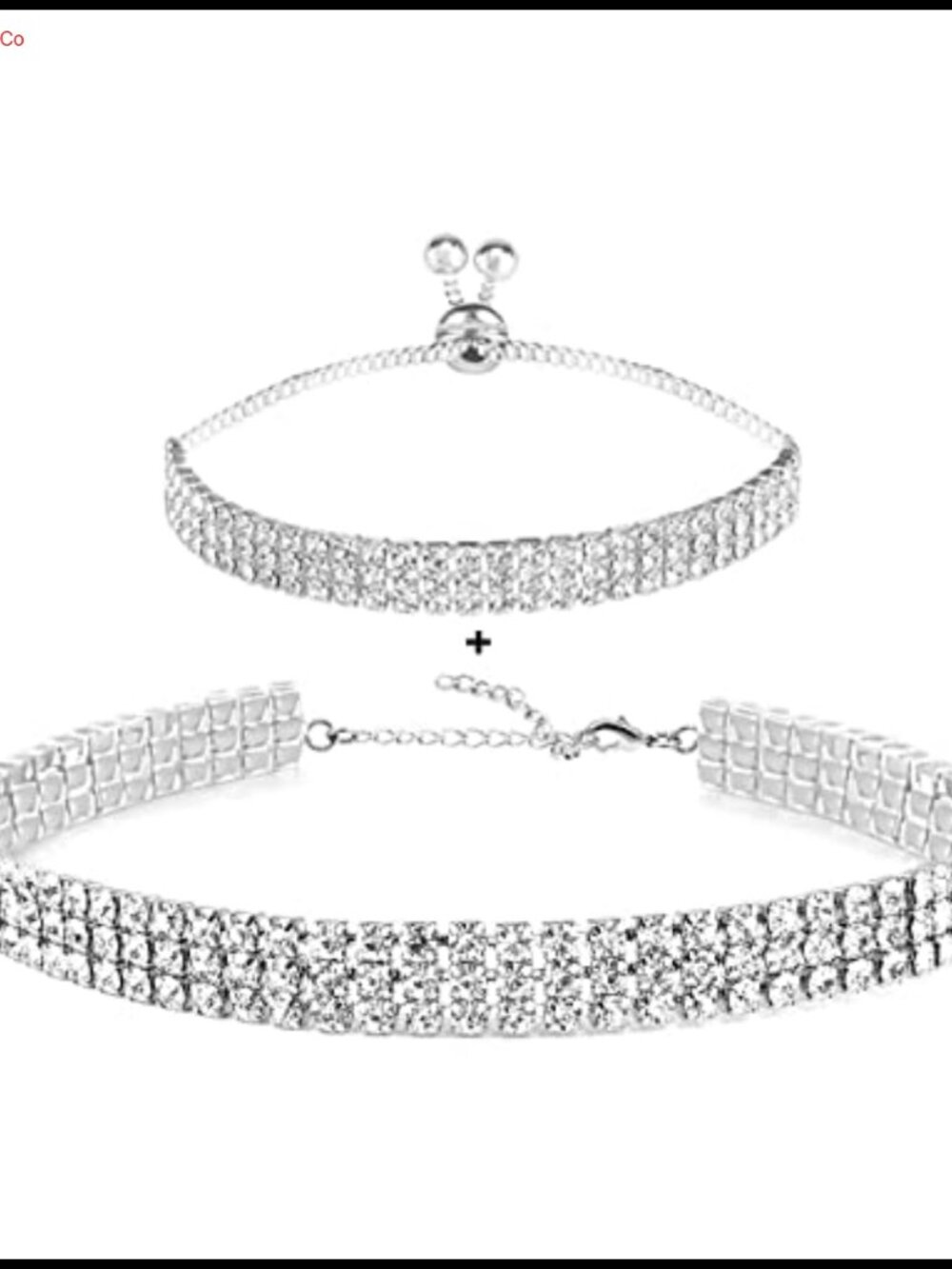 Rhinestone Choker Necklace & Tennis Bracelet Set 925 Silver Plated Sparkly
